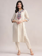 Off White Embriodered Cotton Flex Kurta and Pant Set