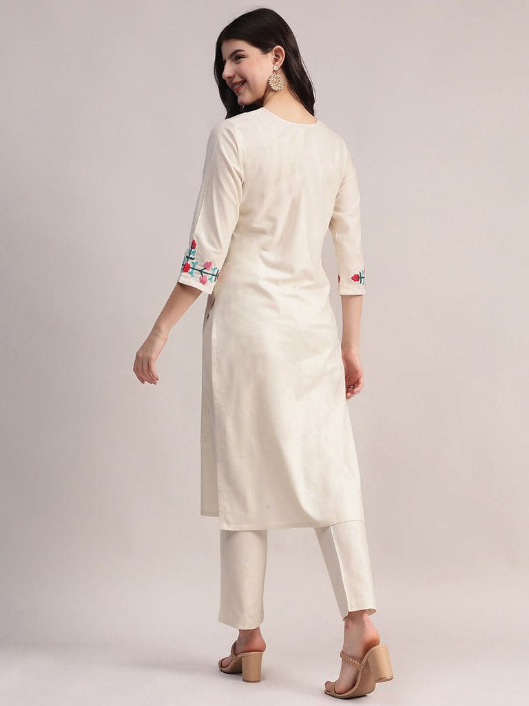 Off White Embriodered Cotton Flex Kurta and Pant Set