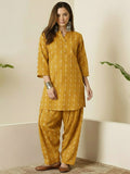 Indian Yellow Printed Katha Cotton Farsi Salwar Set