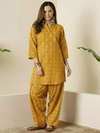 Indian Yellow Printed Katha Cotton Farsi Salwar Set