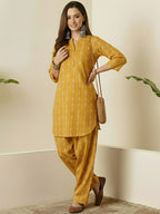 Indian Yellow Printed Katha Cotton Farsi Salwar Set