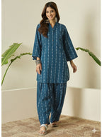 Teal Blue Printed Katha Cotton Farsi Salwar Set