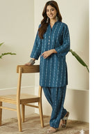 Teal Blue Printed Katha Cotton Farsi Salwar Set