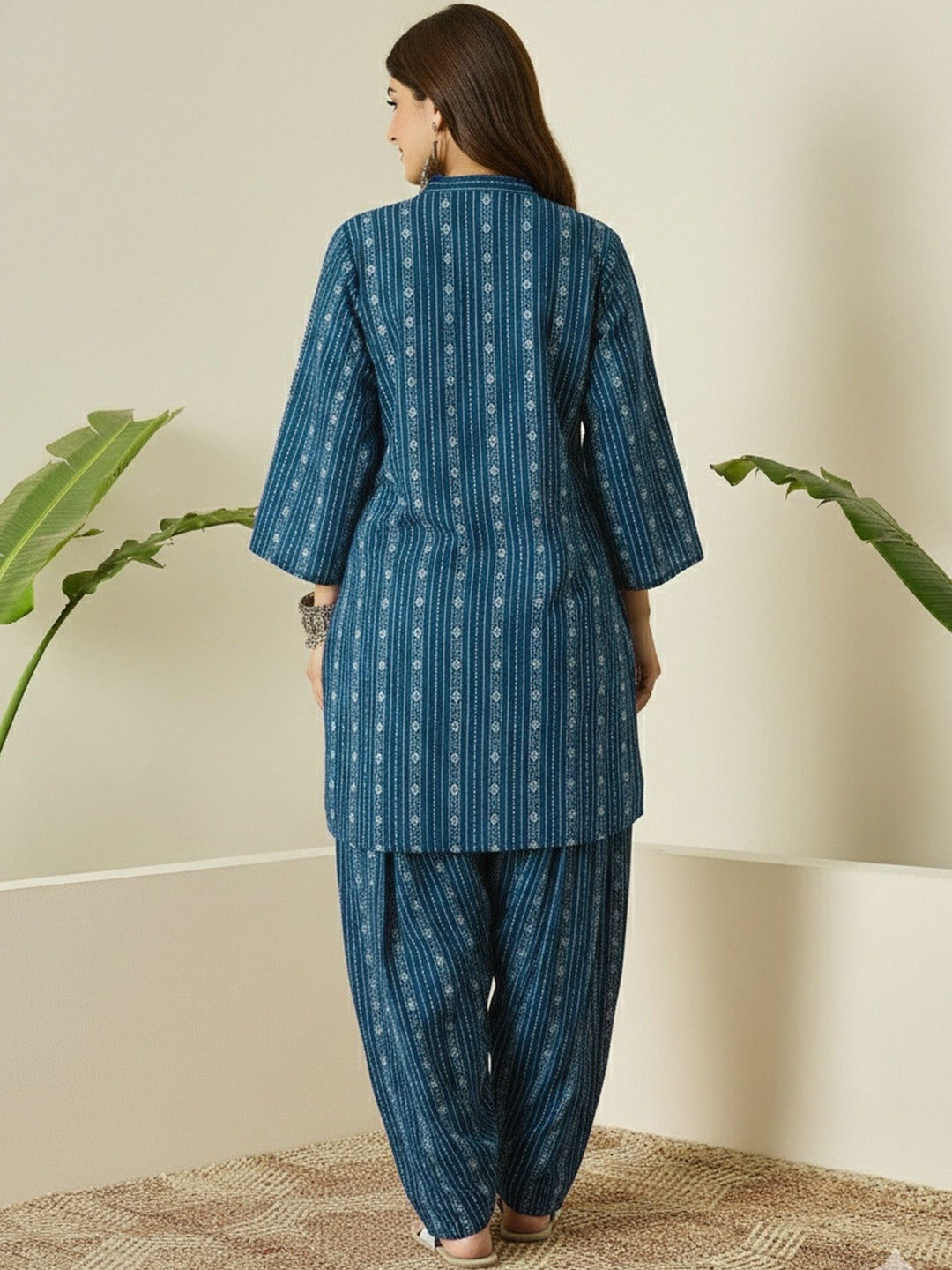 Teal Blue Printed Katha Cotton Farsi Salwar Set