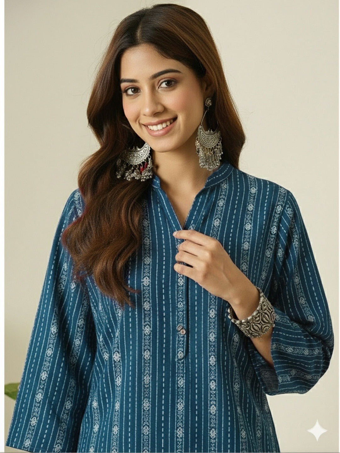 Teal Blue Printed Katha Cotton Farsi Salwar Set