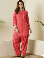 Pale Red Printed Katha Cotton Farsi Salwar Set