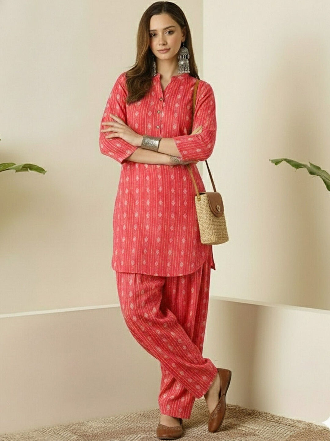 Pale Red Printed Katha Cotton Farsi Salwar Set