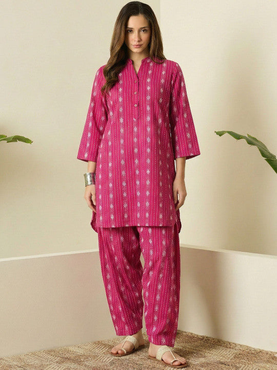 Deep Rose Printed Katha Cotton Farsi Salwar Set
