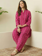 Deep Rose Printed Katha Cotton Farsi Salwar Set