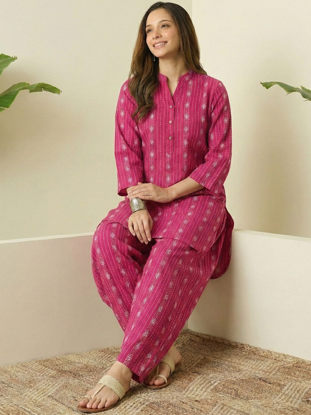 Deep Rose Printed Katha Cotton Farsi Salwar Set