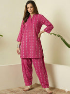 Deep Rose Printed Katha Cotton Farsi Salwar Set