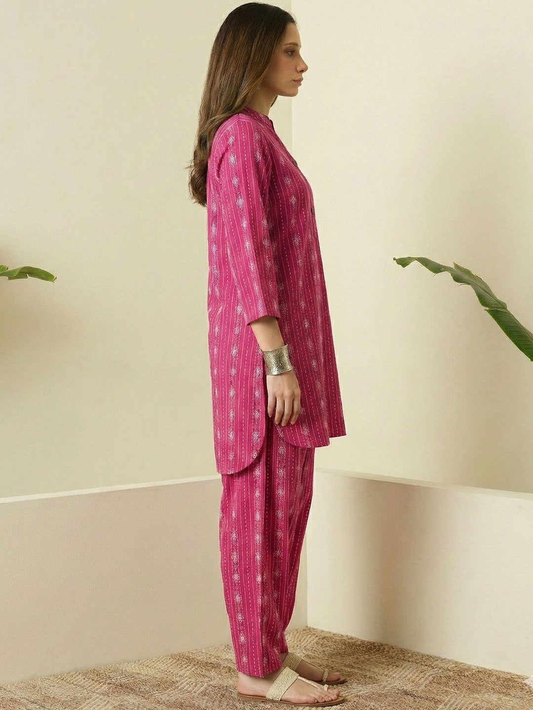 Deep Rose Printed Katha Cotton Farsi Salwar Set