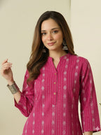 Deep Rose Printed Katha Cotton Farsi Salwar Set
