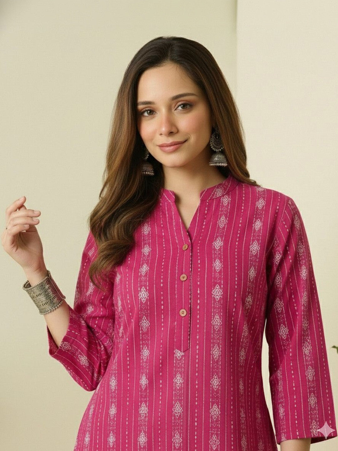 Deep Rose Printed Katha Cotton Farsi Salwar Set