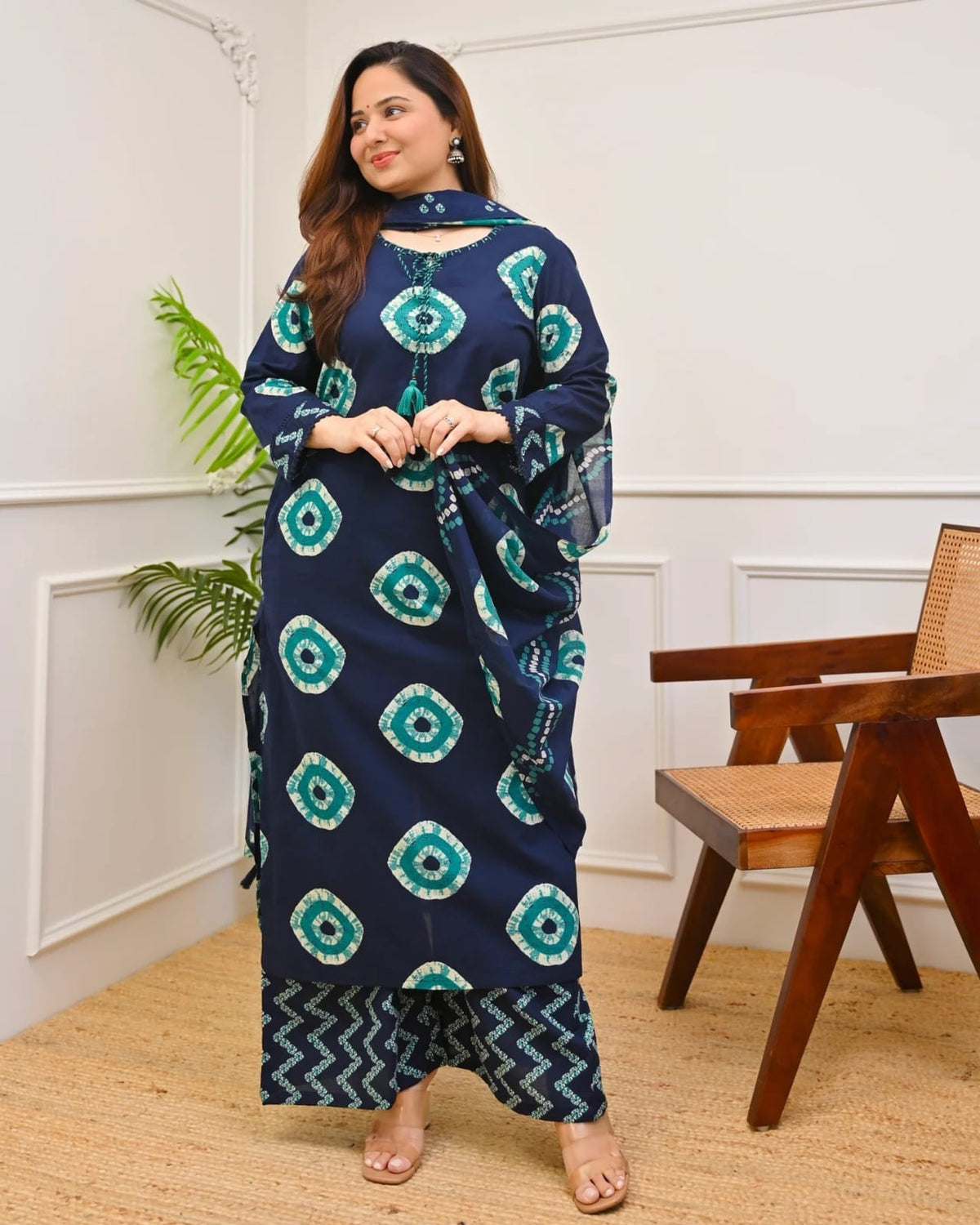 Blue Printed Handwork Cotton Kurta and Pant Set with Dupatta