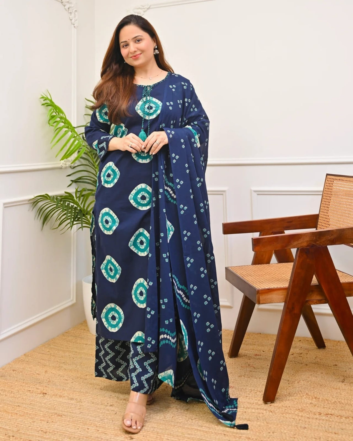 Blue Printed Handwork Cotton Kurta and Pant Set with Dupatta
