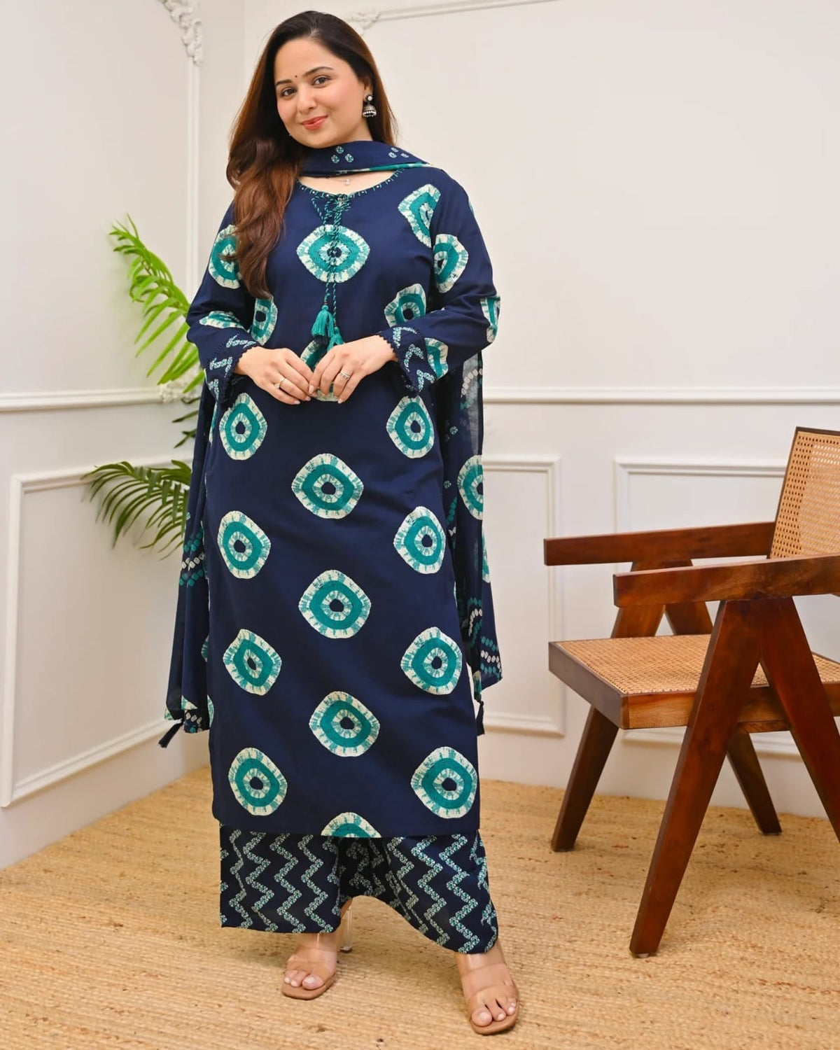 Blue Printed Handwork Cotton Kurta and Pant Set with Dupatta