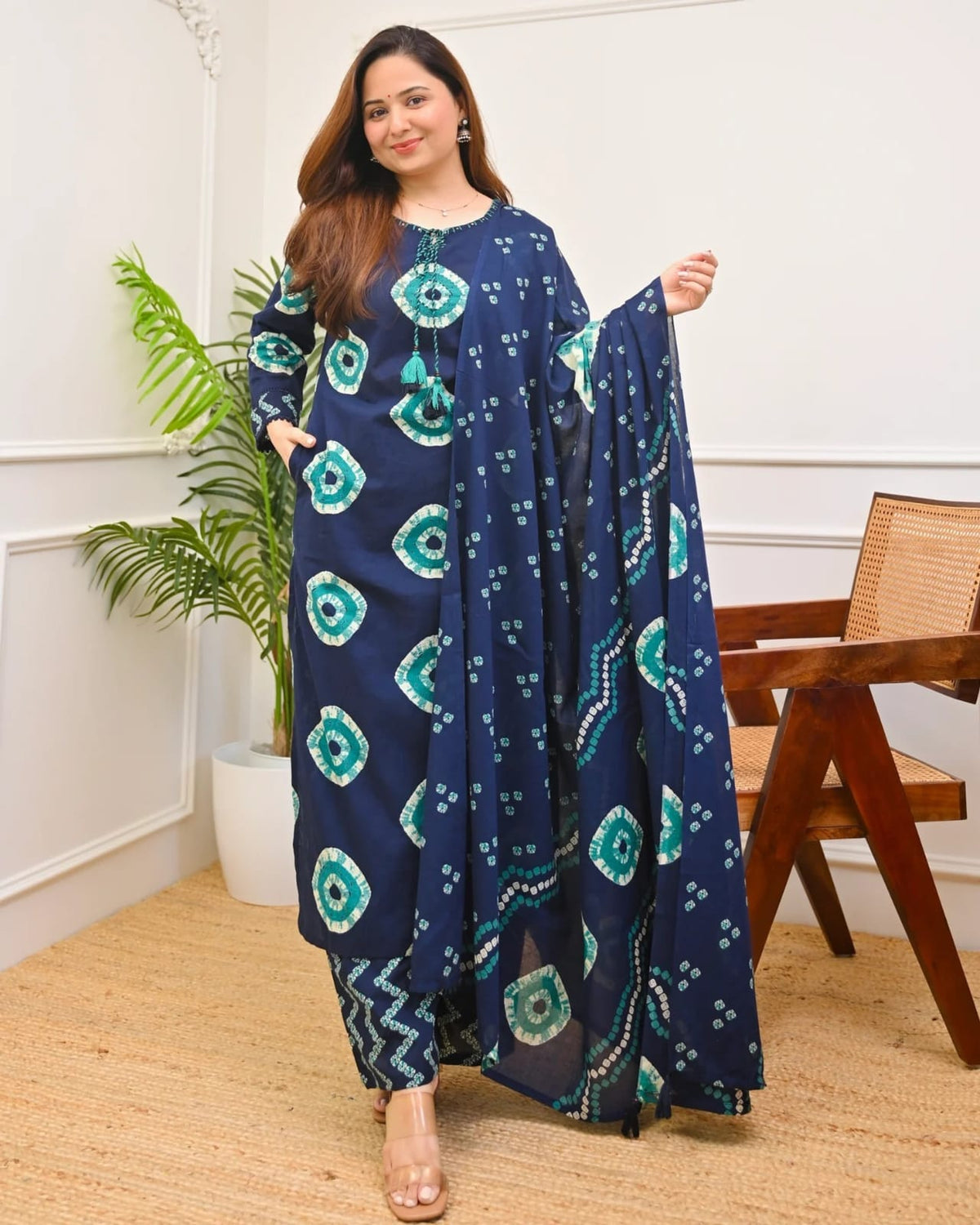 Blue Printed Handwork Cotton Kurta and Pant Set with Dupatta