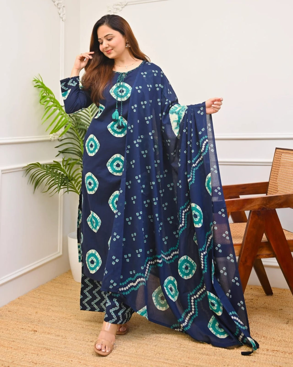 Blue Printed Handwork Cotton Kurta and Pant Set with Dupatta