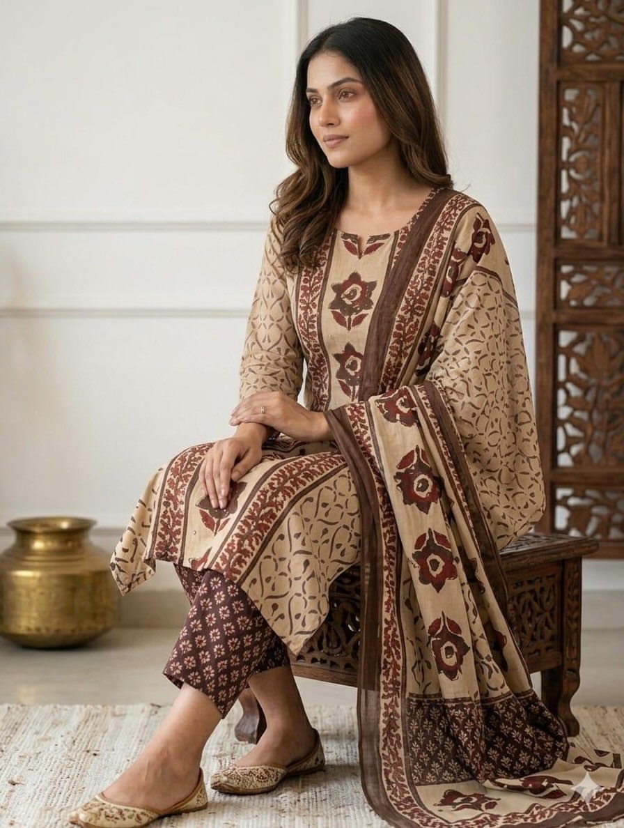 Beige Brown Printed Handwork Kurta and Pant Set with Dupatta