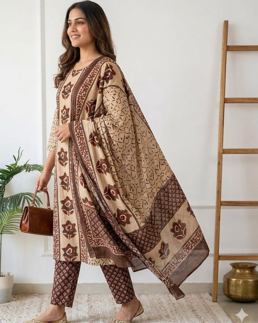 Beige Brown Printed Handwork Kurta and Pant Set with Dupatta