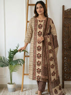Beige Brown Printed Handwork Kurta and Pant Set with Dupatta