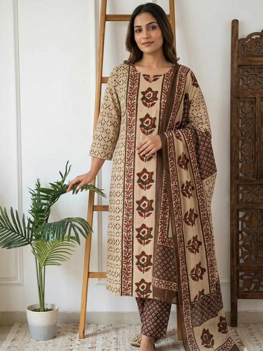 Beige Brown Printed Handwork Kurta and Pant Set with Dupatta