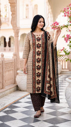 Beige Brown Printed Handwork Kurta and Pant Set with Dupatta