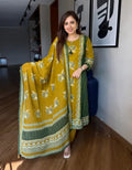 Brown Yellow Printed Handwork Kurta and Pant Set with Dupatta
