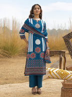 Blue Printed Handwork Cotton Kurta and Pant Set with Dupatta