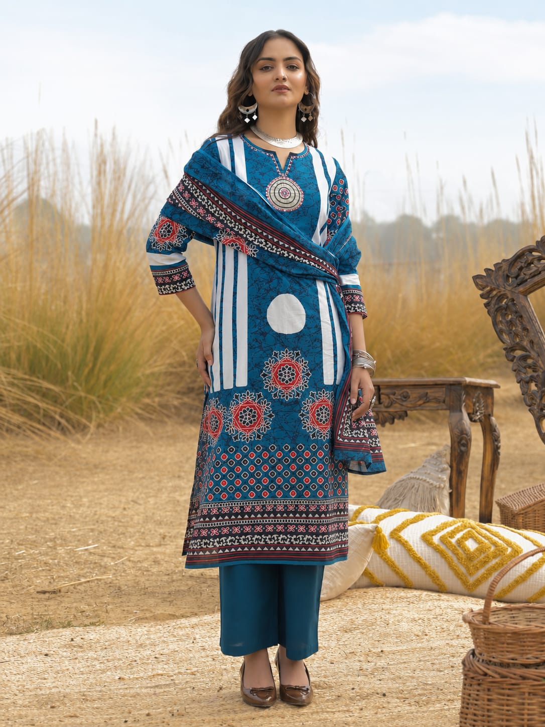 Blue Printed Handwork Cotton Kurta and Pant Set with Dupatta
