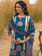 Blue Printed Handwork Cotton Kurta and Pant Set with Dupatta