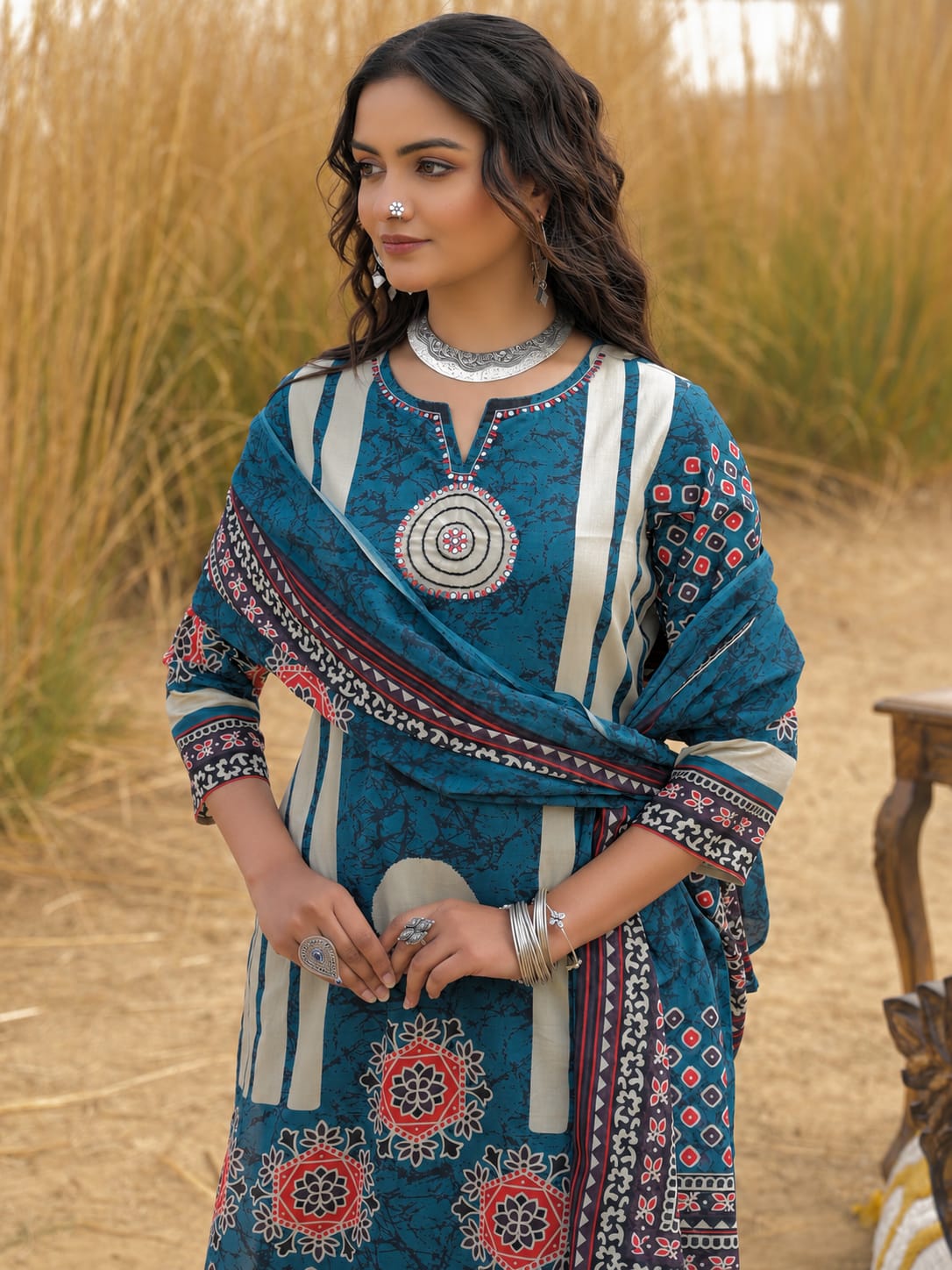 Blue Printed Handwork Cotton Kurta and Pant Set with Dupatta