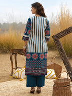 Blue Printed Handwork Cotton Kurta and Pant Set with Dupatta