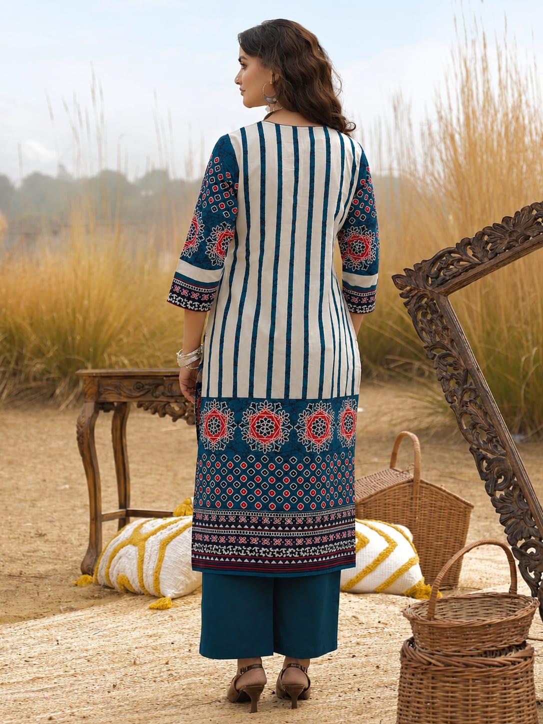 Blue Printed Handwork Cotton Kurta and Pant Set with Dupatta