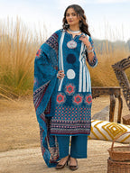 Blue Printed Handwork Cotton Kurta and Pant Set with Dupatta