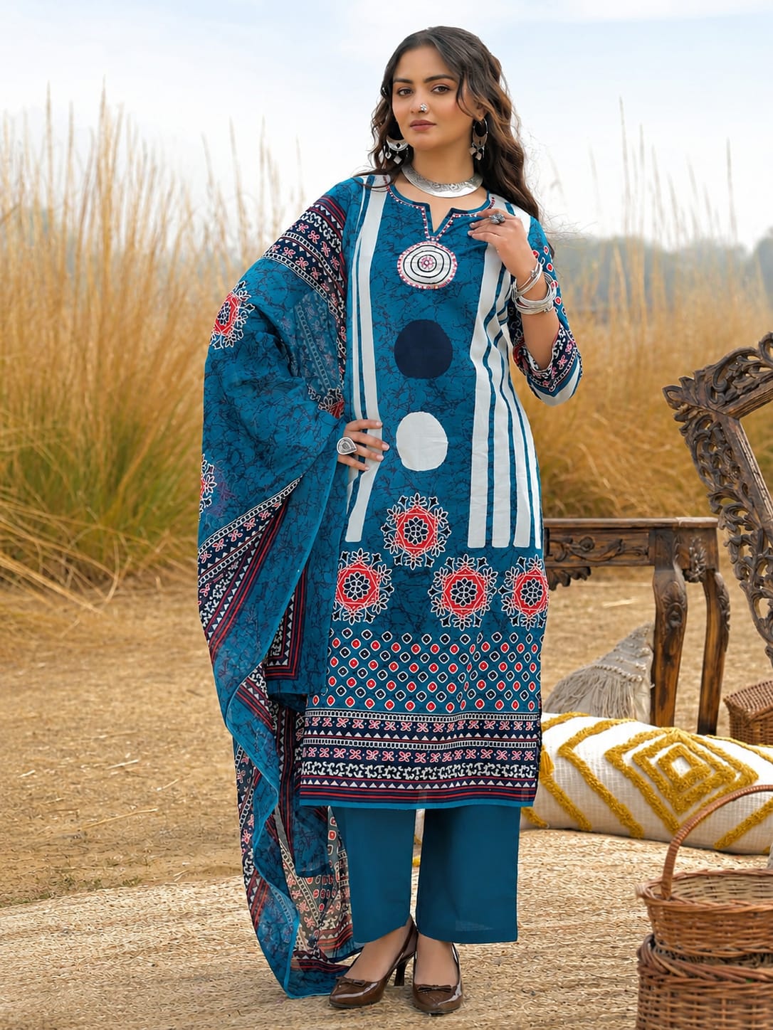 Blue Printed Handwork Cotton Kurta and Pant Set with Dupatta
