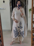 Off White Embroidered Cotton Flex Kurta and Pant Set with Dupatta