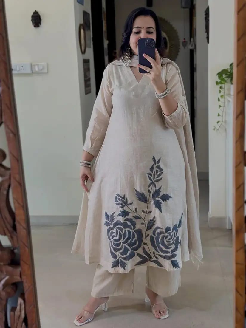 Off White Embroidered Cotton Flex Kurta and Pant Set with Dupatta