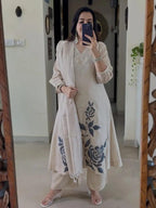 Off White Embroidered Cotton Flex Kurta and Pant Set with Dupatta
