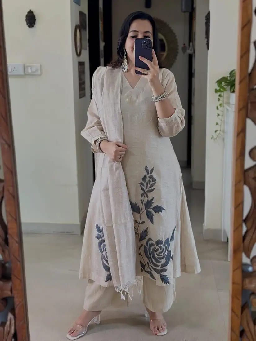 Off White Embroidered Cotton Flex Kurta and Pant Set with Dupatta
