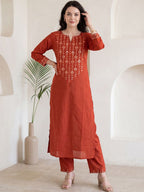 Red Mirror Work Embroidered Cotton Flex Kurta and Pant Set