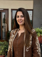 Brown Embroidered Cotton Flex Top and Pant Set with Jacket
