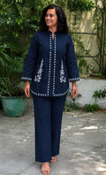 Navy Blue Embroidered Cotton Slub Co-Ord Set