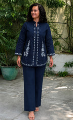 Navy Blue Embroidered Cotton Slub Co-Ord Set