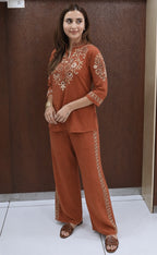 Rust Brown Embroidered Cotton Slub Co-Ord Set