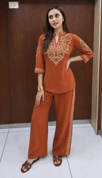 Rust Brown Embroidered Cotton Slub Co-Ord Set