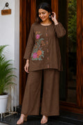 Brown Embroidered Cotton Co-Ord Set