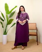 Wine Berry Mirror Work Cotton Kurta and Pant Set with Dupatta