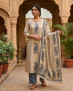 Beige Blue Printed Cotton Kurta and Pant Set with Dupatta